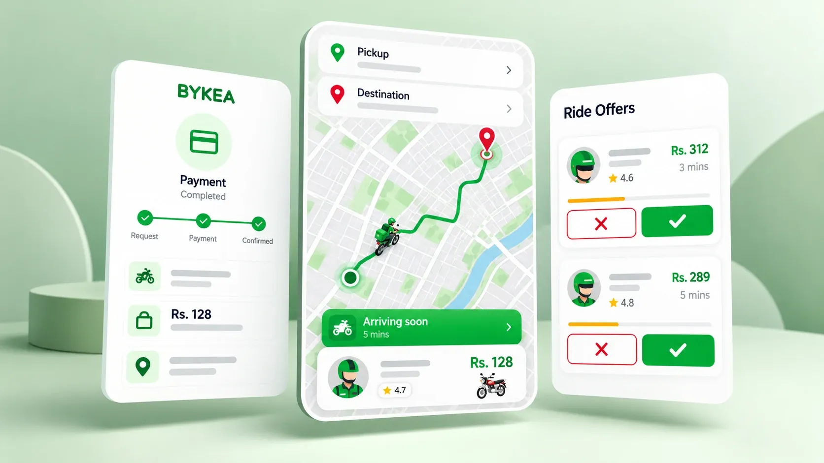 Bykea-inspired ride illustration with a route map, pickup and destination pins, payment status and ride offers