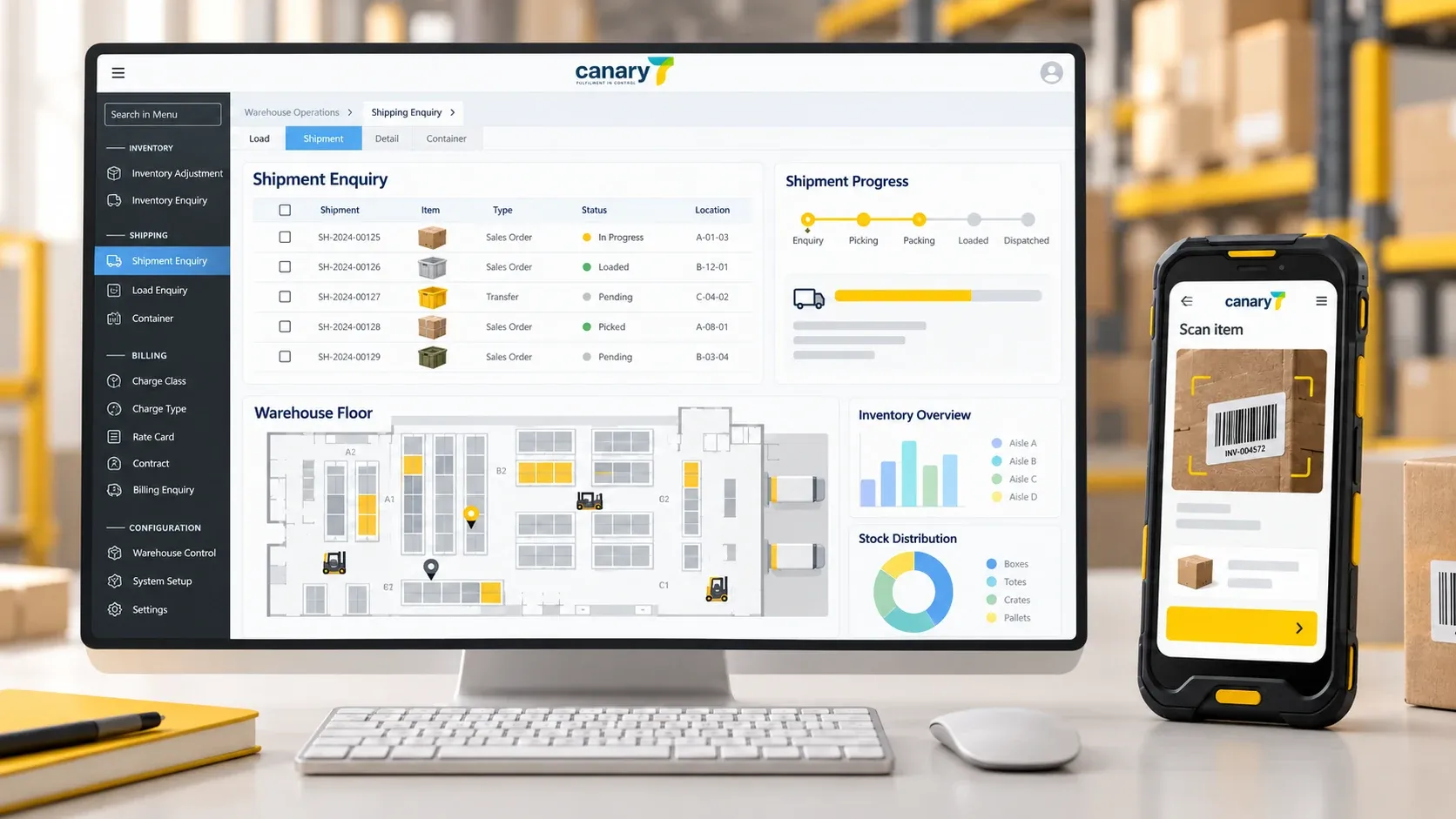 Canary7-inspired warehouse illustration with a shipment table, blue workspace tabs and a handheld scanner