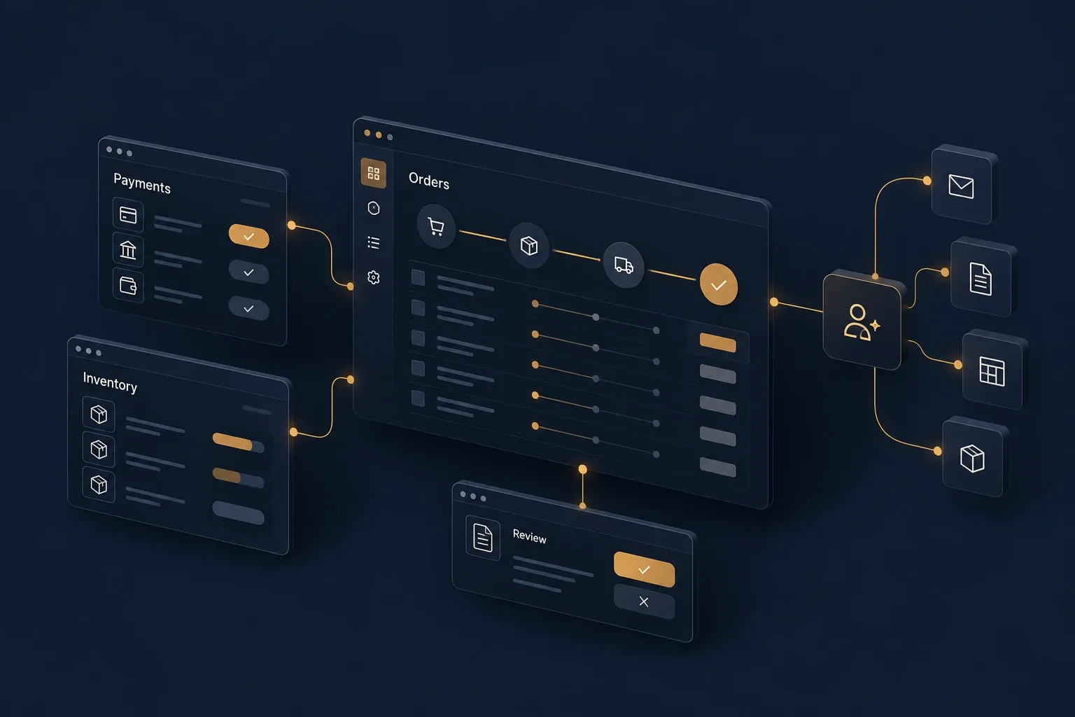 Concept illustration of connected order, payment, inventory, and review workflows