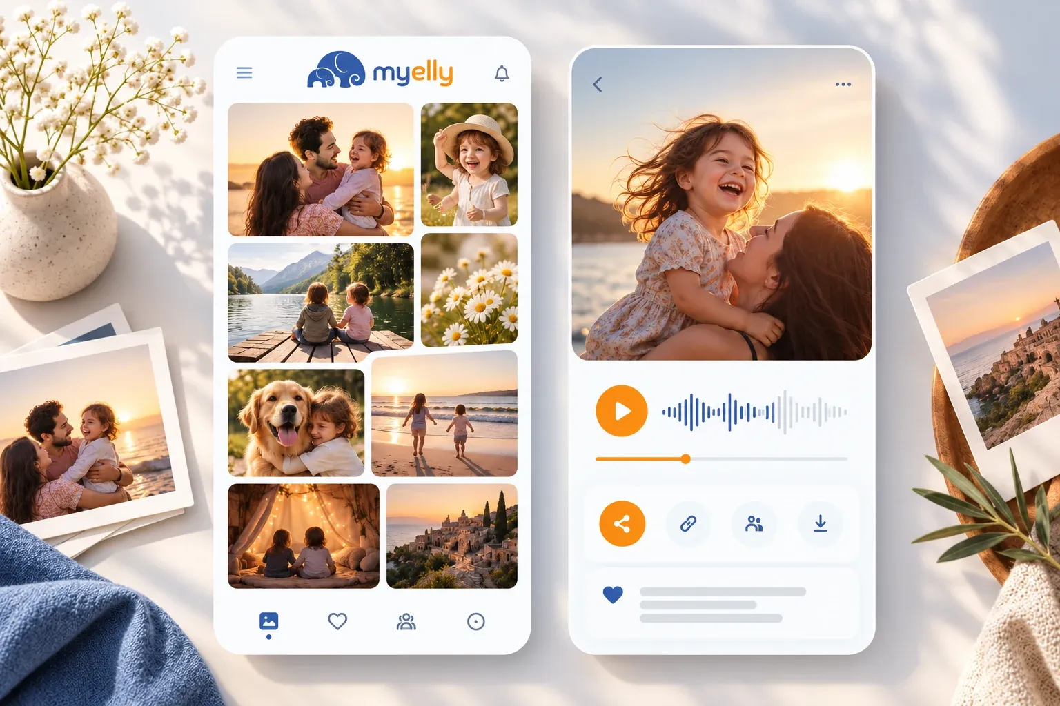 MyElly-inspired family album illustration with a blue-and-orange elephant brand mark, memories and audio sharing