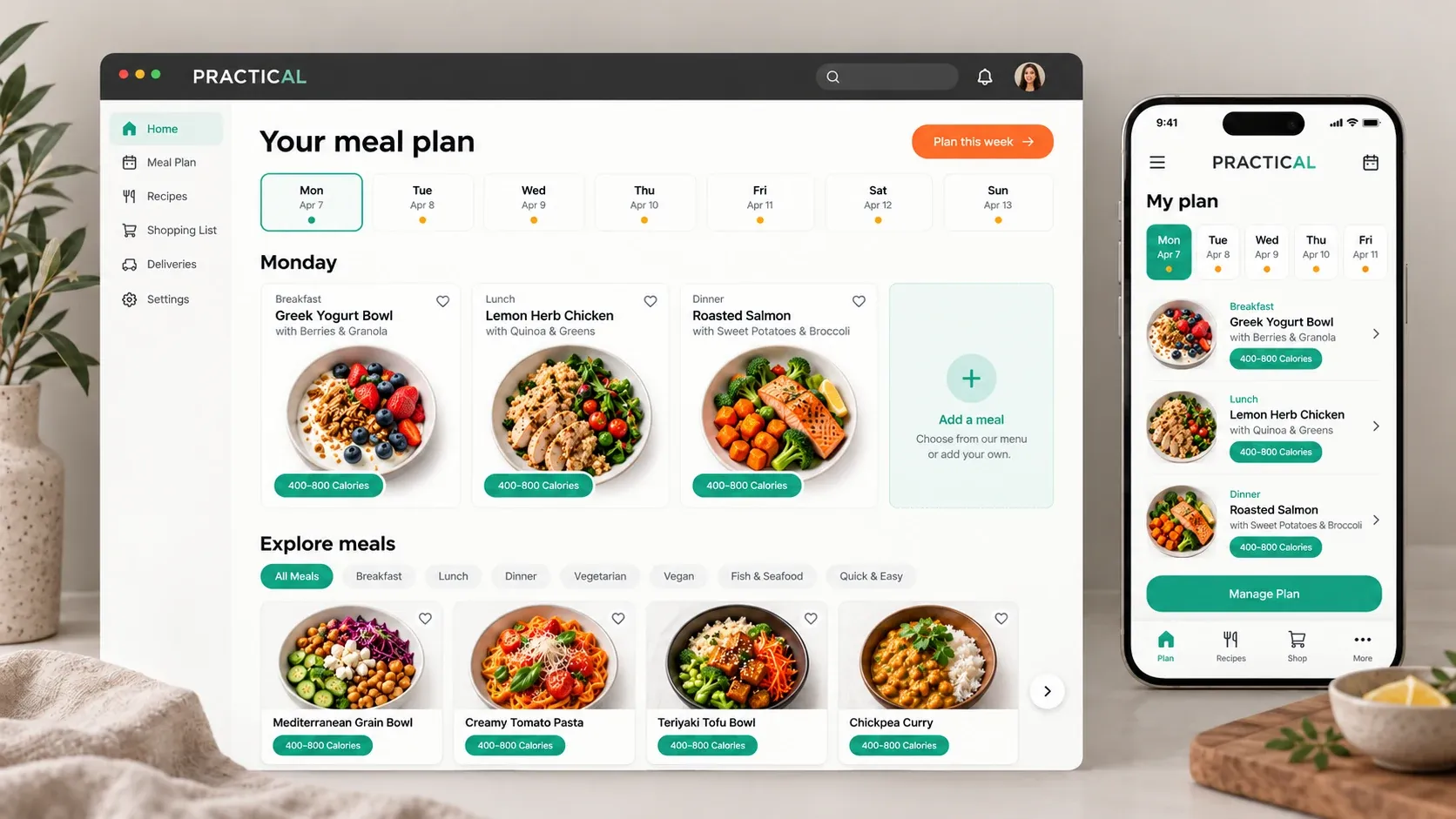 PractiCal-inspired meal-plan illustration with emerald controls, circular food photos and a mobile plan view