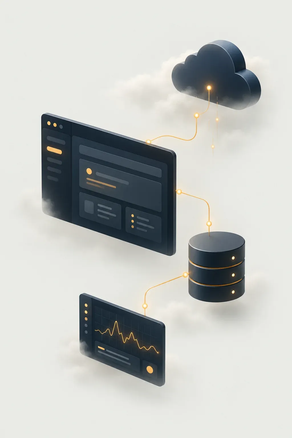 Connected application, database, cloud deployment, and monitoring panels