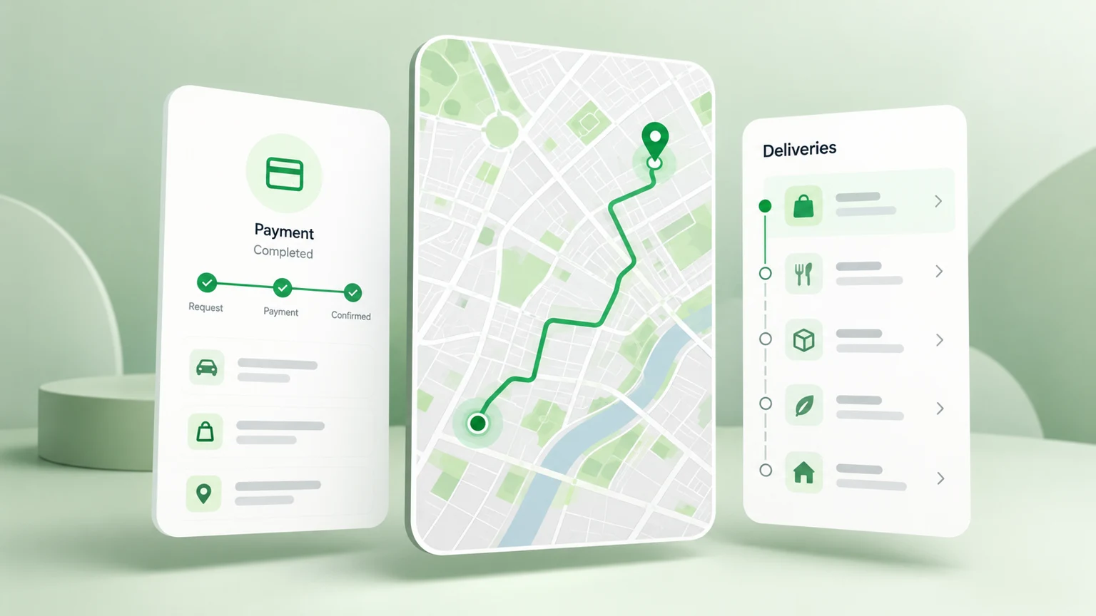 Illustrative ride and delivery interface with a route map and payment panels