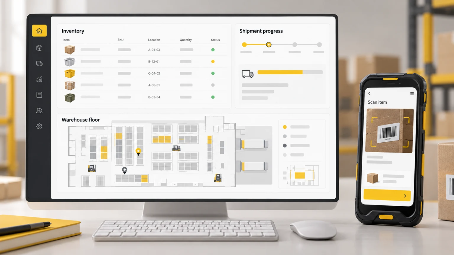 Illustrative warehouse management dashboard with inventory and shipment information